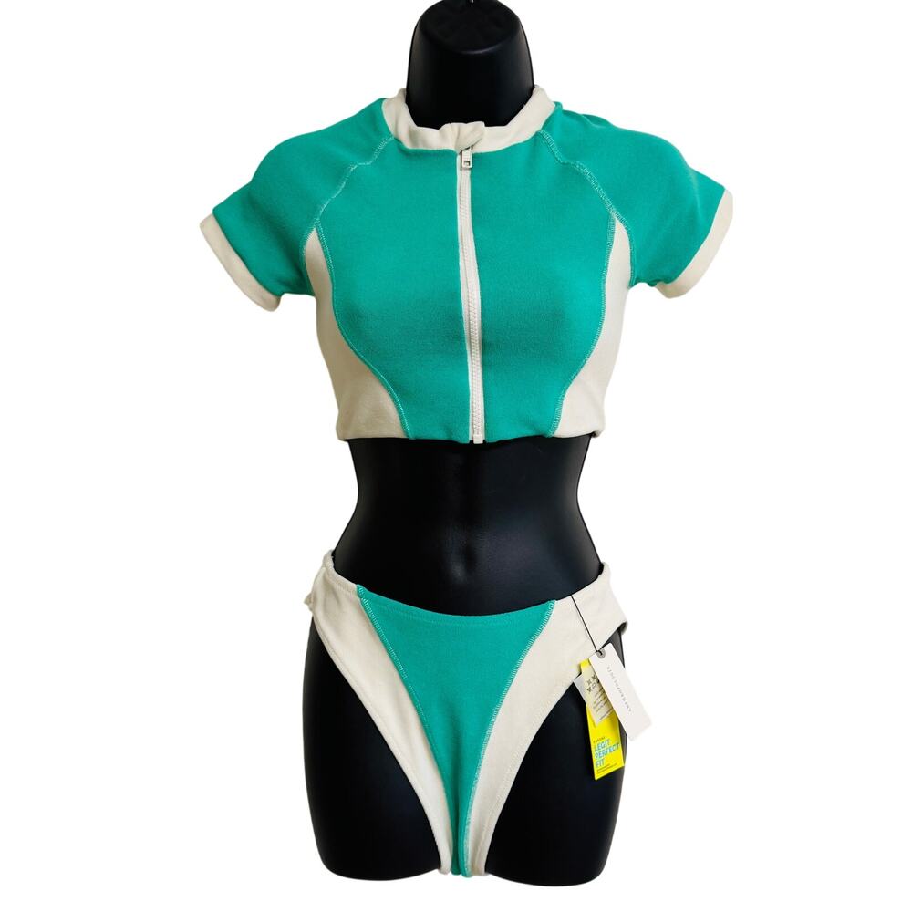 Oneone Anthropologi Women Velour Bikini Green White Zipper Small Medium NWT New